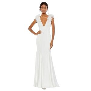 MAC DUGGAL 68137 DRESS Feather Shoulder V Neck Column Gown size 4 NWT White